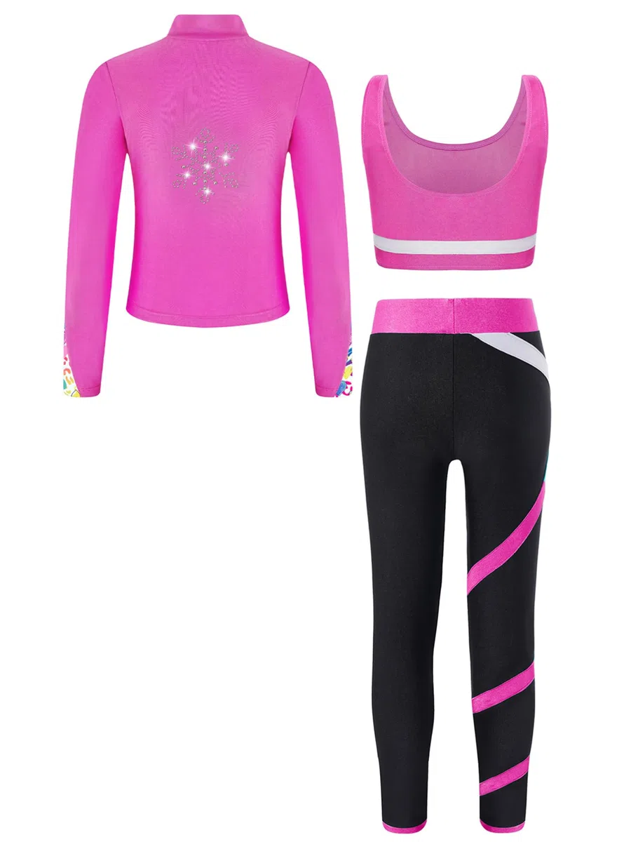 TiaoBug Conjunto Deportivo Para Niñas Chaqueta Manga Larga + Chaleco Sin Mangas + Leggings Traje De Gimnasia Rítmica Entrenamiento Rosa caliente 5-6 años