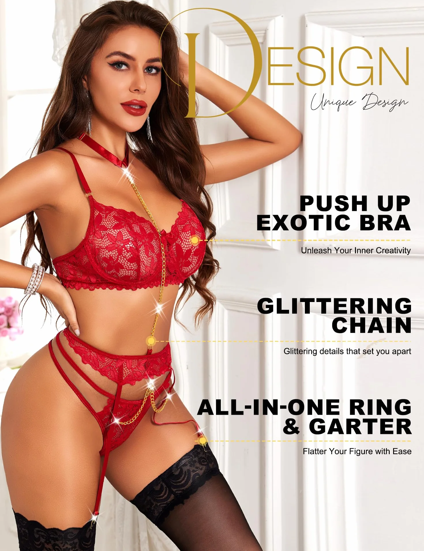 Rslove, Conjunto de lencería sexy para mujer, de encaje, sujetador y braguita con liga