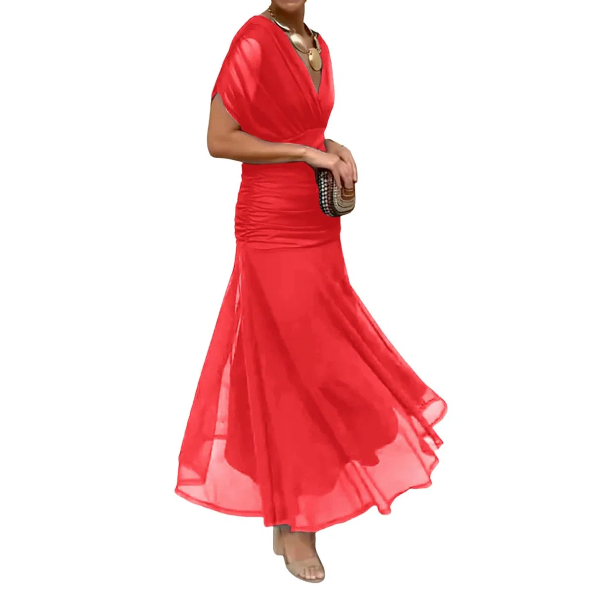 Vestido largo de gasa con hombros descubiertos para mujer, cuello en V profundo, manga corta, cintura fruncida, fluido, elegante, para fiesta de noche, cóctel, formal, vestido de invitada de boda