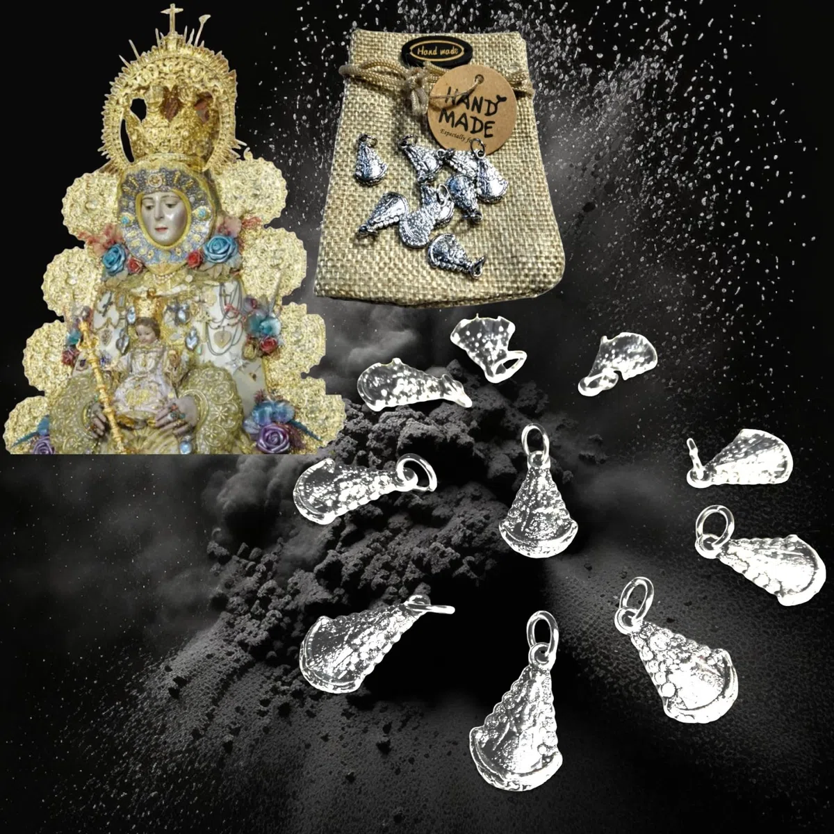 Medalla Virgen del Rocío 10 Colgantes Chapados en Plata de Ley 925/1000 + Bolsa Yute Artesanal Hechas a Mano, Joyería Religiosa, Fabricado en España