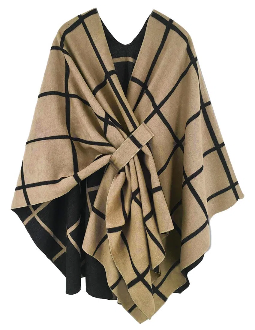 Poncho Abierto Punto Mujer Elegante Capa Grande Invierno Chal Cardigan Tartán Patrón Bufanda Manta Caliente