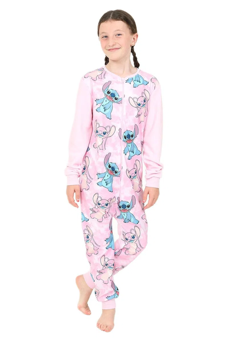 Disney Pijama de forro polar rosa Lilo and Stitch & Angel para niñas, todo en uno