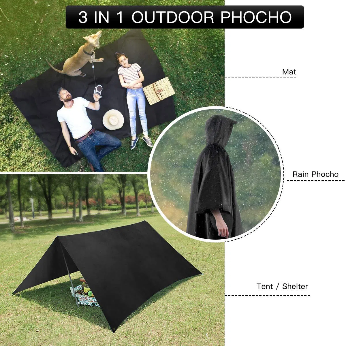 AGPTEK Poncho de Lluvia, Chubasquero Impermeable para Manta de Picnic, Toldo para Senderismo, Acampada y Pesca, Unisex