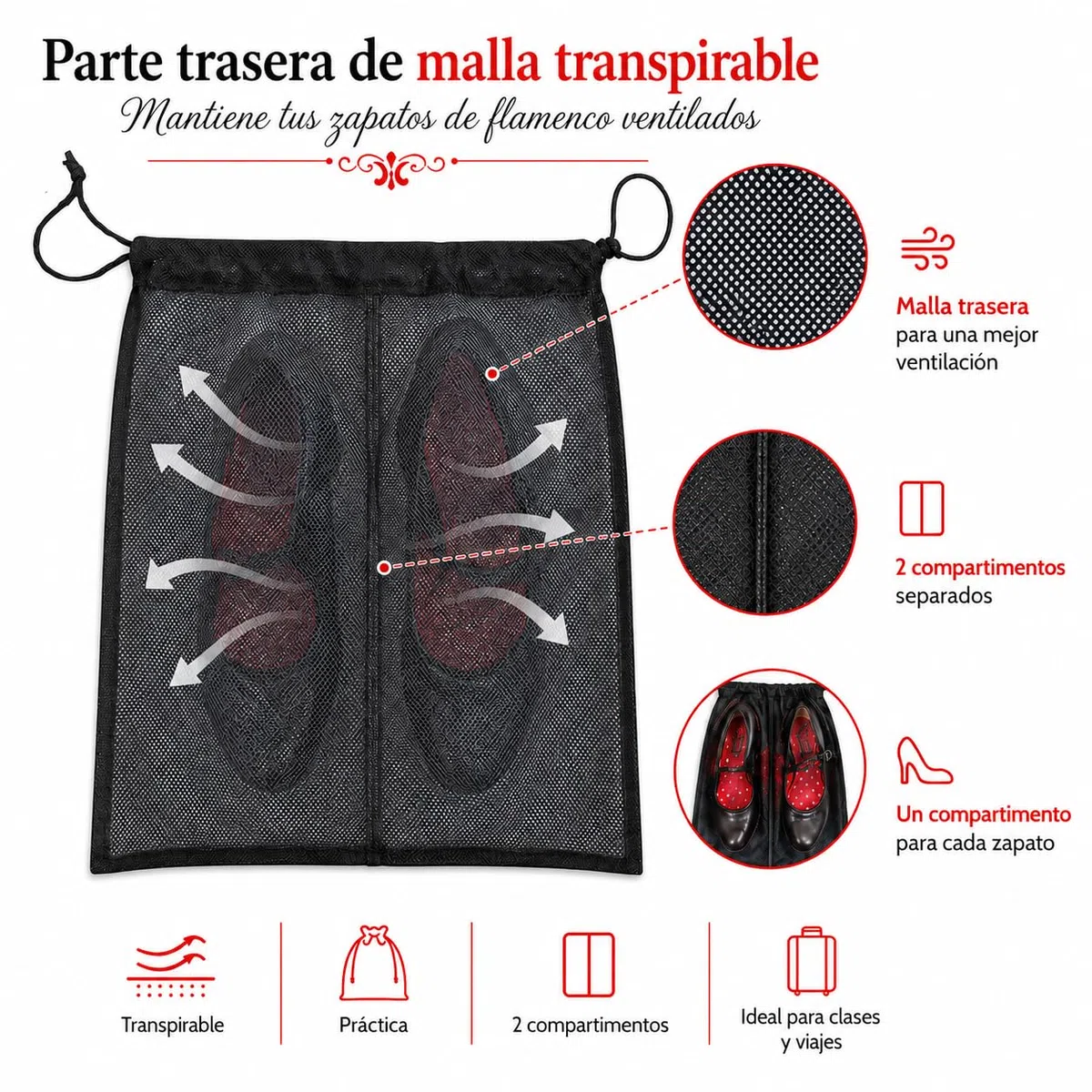 Bolsa para Zapatos Flamenca Macarena illustrArte – 40 x 40 cm – con Cordón de Cierre y Doble Compartimento – Separador para Cada Zapato – Bolsa de Viaje para Calzado