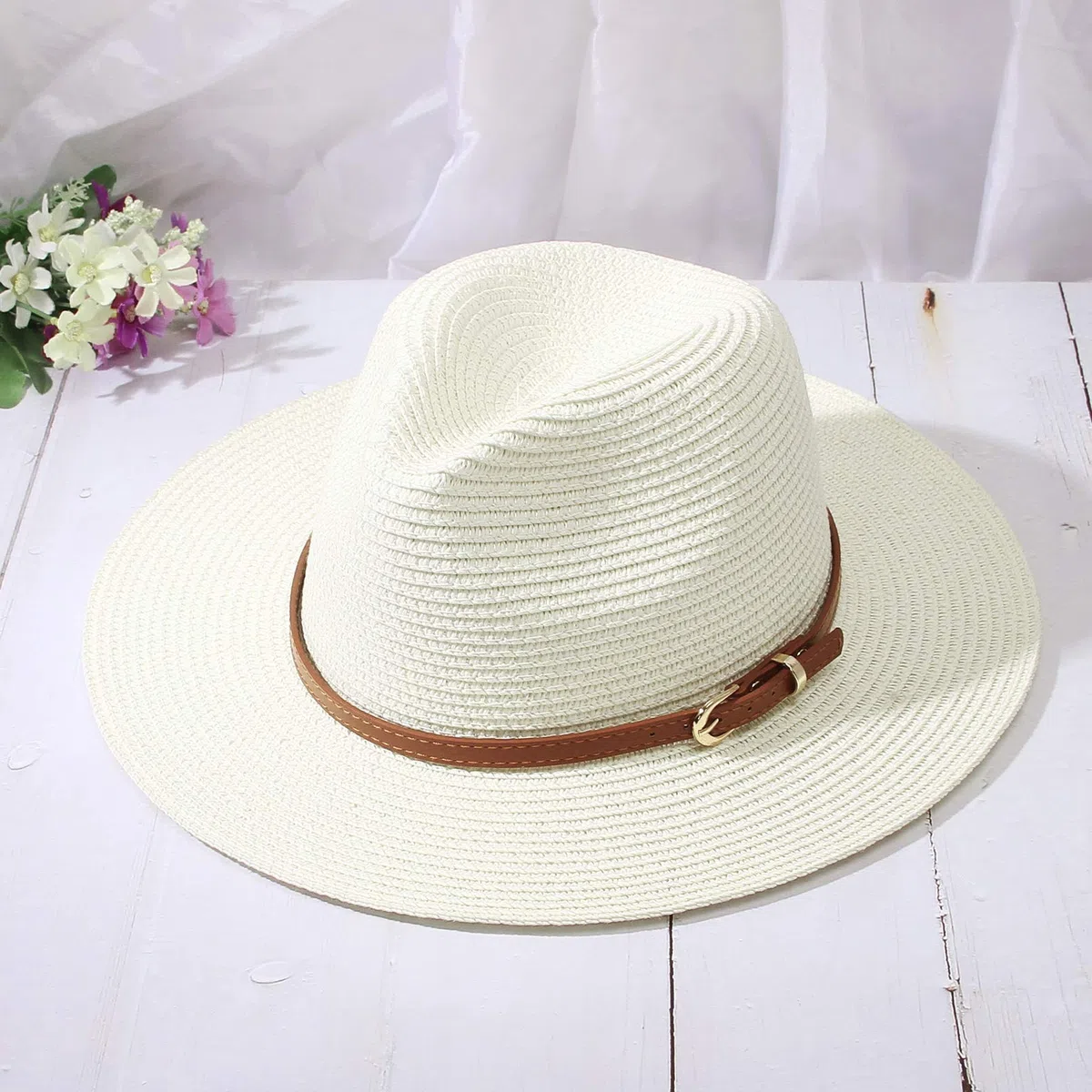 Sombreros de paja para mujeres y hombres, sombrero de verano Panamá Fedora con cinturón de cuero, ala ancha, gorra de jazz para playa