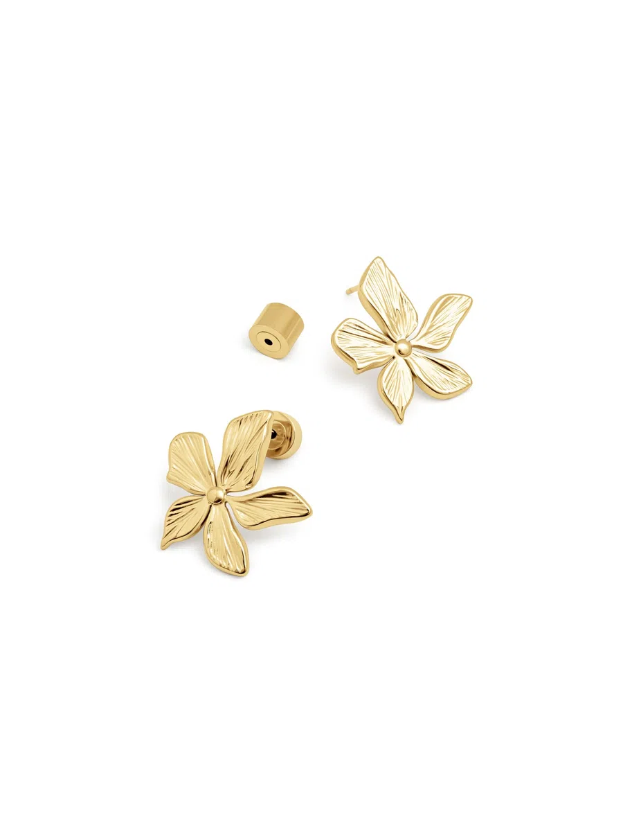 SINGULARU - Pendientes Jasmine. Pendientes Flor de Acero Inoxidable con Baño en Oro de 18Kt. Cierre Tuerca a Presión. Joyas para Mujer