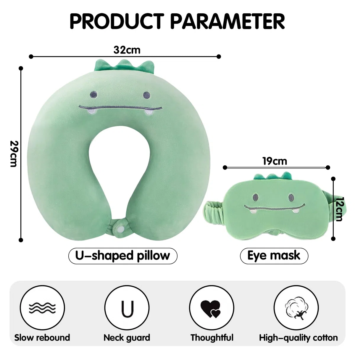 Almohada De Viaje 2 En 1 para Niños, Almohada De Viaje En Forma De U La Funda De Almohada Es Extraíble Y Lavable, Adecuada para Adultos Y Niños (Dinosaurio Verde)