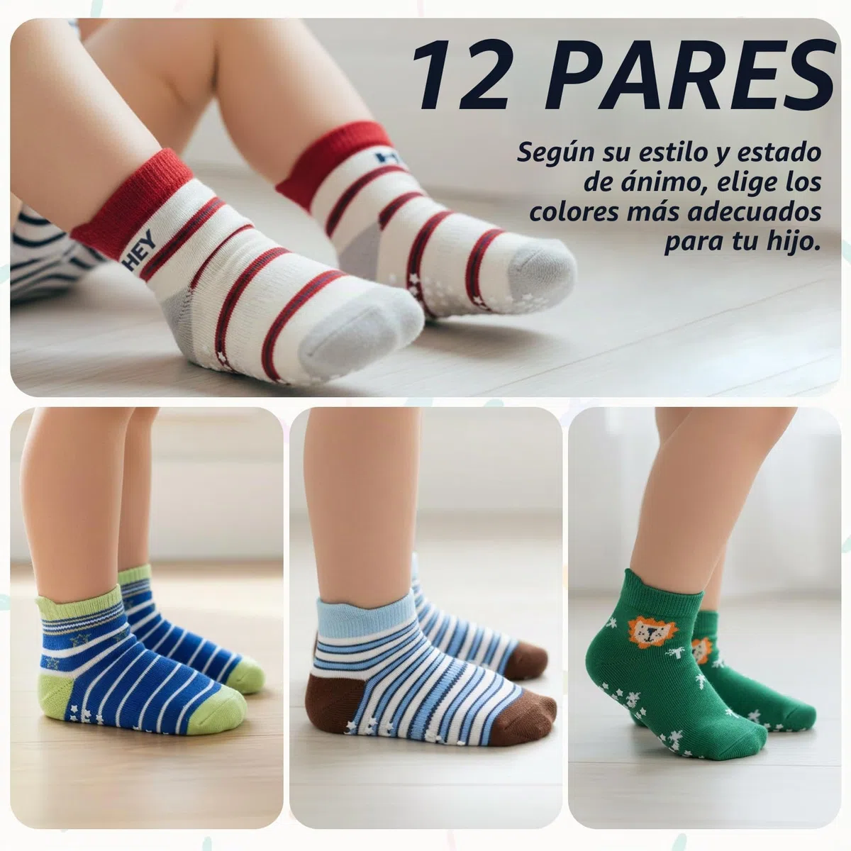 Pack de 12 Pares de Calcetines Antideslizantes de Algodón para Niños de 1 a 5 Años, Calcetines Bebé Niña Niño Transpirables