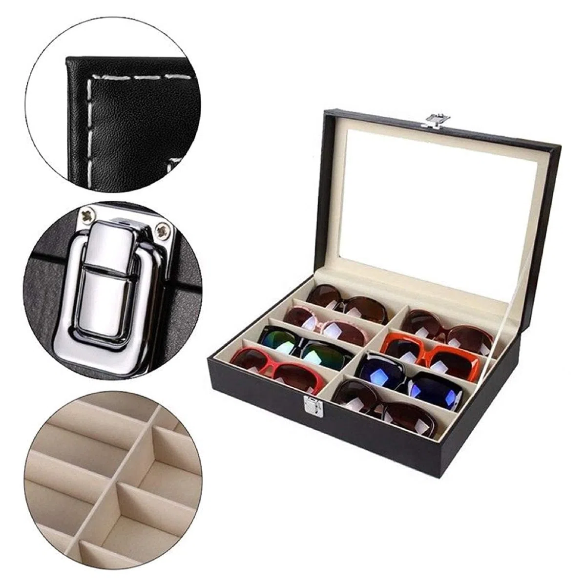 Caja Organizadora de Gafas con Tapa de Cristal y Cajones – Estuche Expositor de Gafas de Sol y Joyas, Cuero Sintético Premium, Gran Capacidad, para Hombre y Mujer (Una planta)