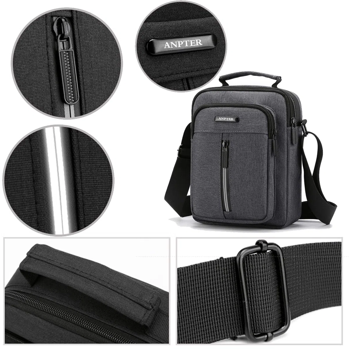 ANPTER Bandoleras Bolso Pequeño Mariconeras Crossbody Unisex Shoulder Bag con Banda Reflectante de Seguridad para Hombres y Mujeres, Deportes, Trabajo, Casual, Viajes(Gris