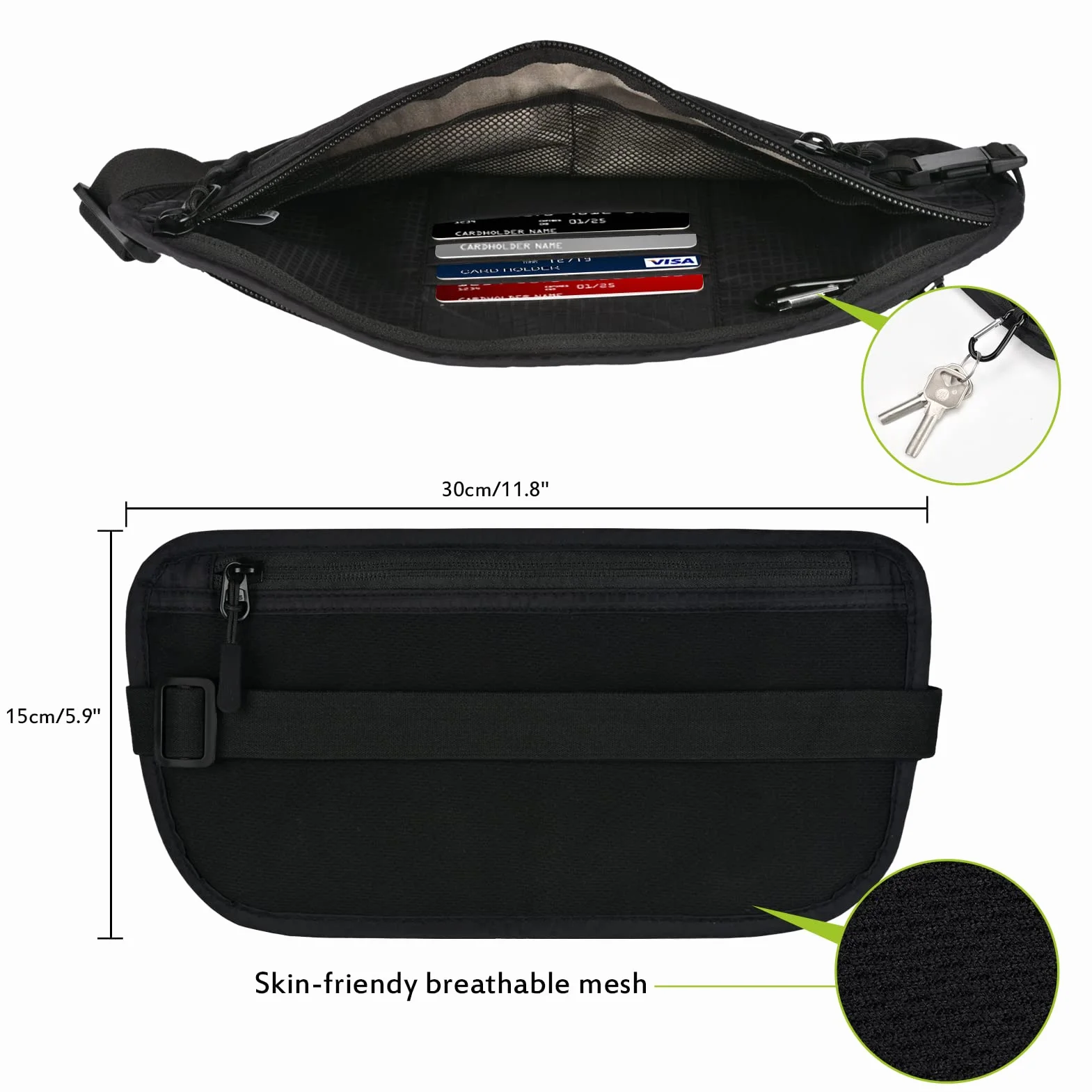 Riñonera Interiore de Viaje con Tecnología RFID, Cinturón para Dinero y Portapasaporte, Negro