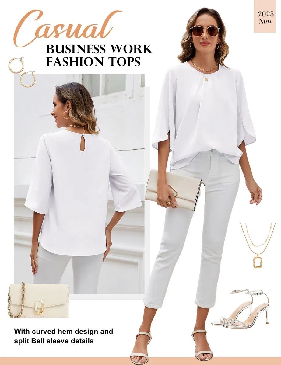Camiseta Mujer con Cuello Redondo Volantes Elegante Blusa de Manga 3/4 Verano Camisa Suelto Basic Tops Casual de Color Sólido