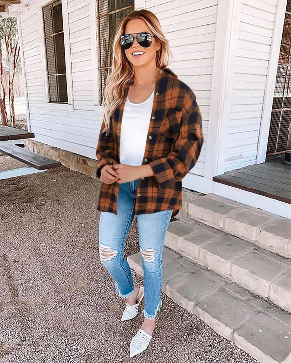Imily Bela Blusa para mujer a cuadros, informal, manga larga, camisa de franela, camisa a cuadros, botones de manga larga.