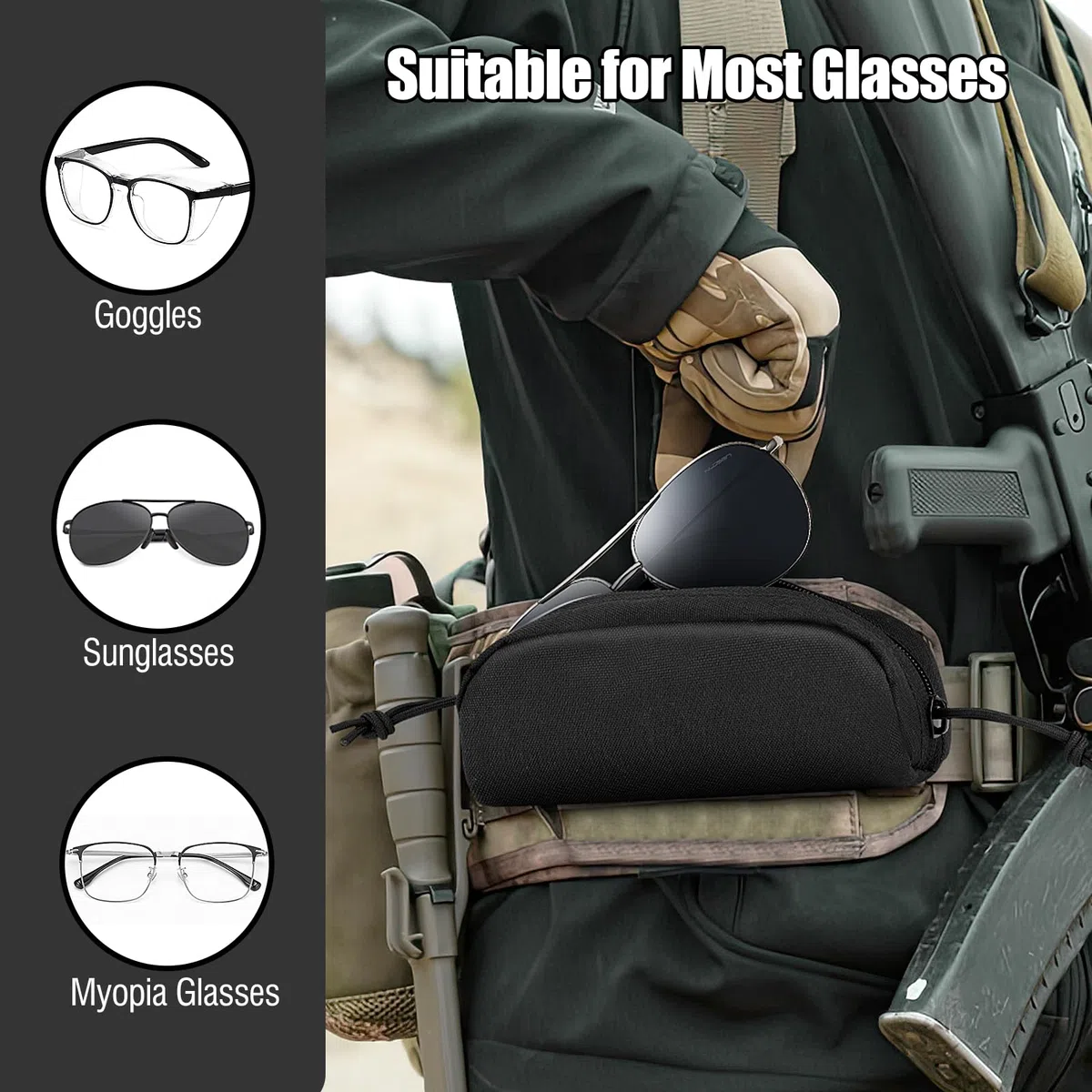 MoKo Estuche para Gafas MOLLE Táctico, Funda de Gafas de Sol de Tela Oxford Impermeable Bolsa de Gafas Portátil Antichoque con Cremallera y Mosquetón para Senderismo Actividad al Aire Libre, Negro