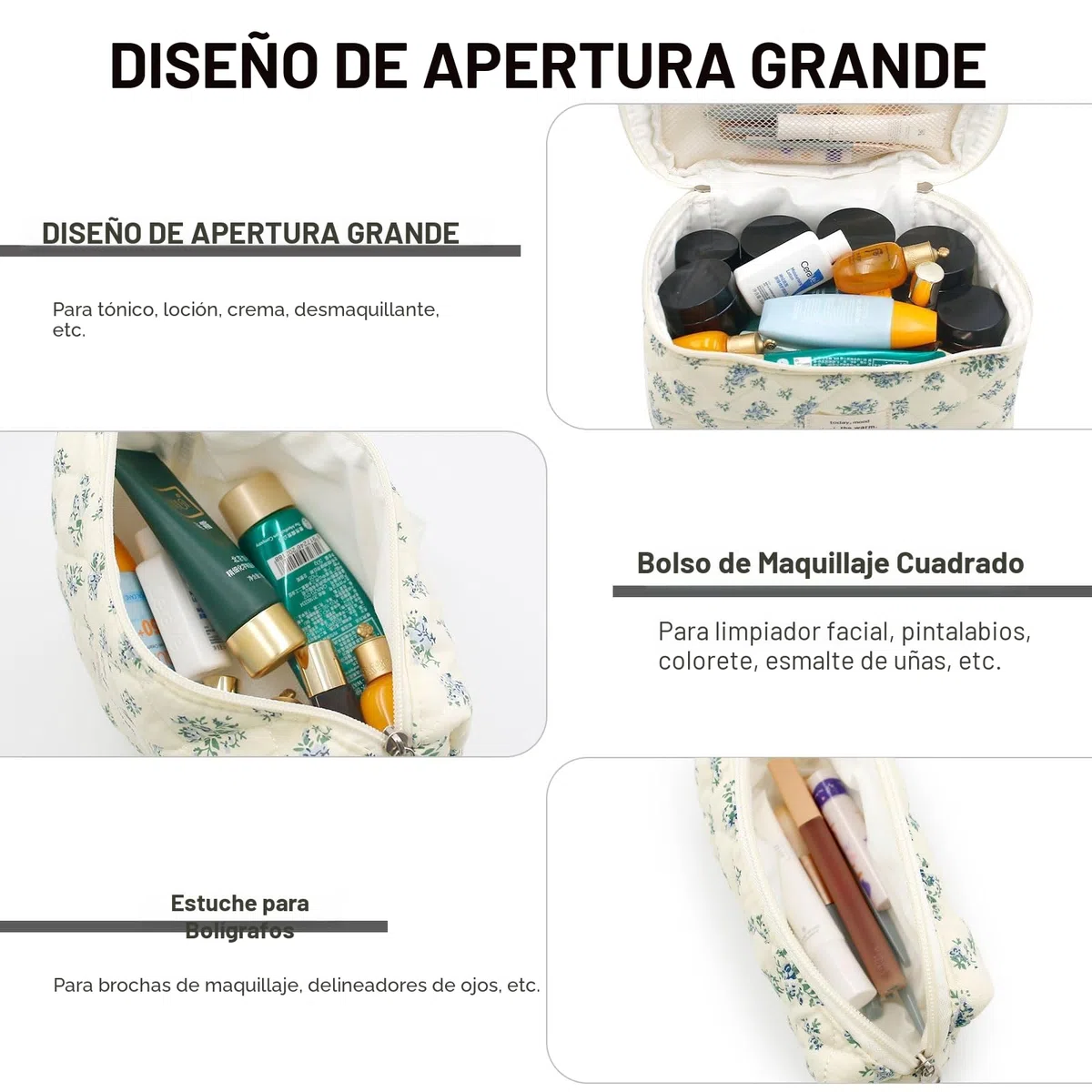 3 Piezas Neceser Mujer con Estampado de Flores, Neceser Viaje Mujer de Algodón, Neceser Mujer Maquillaje, Neceser de Viaj, Neceser Mujeres Grande para Mujeres y Niña (Flores Azules)