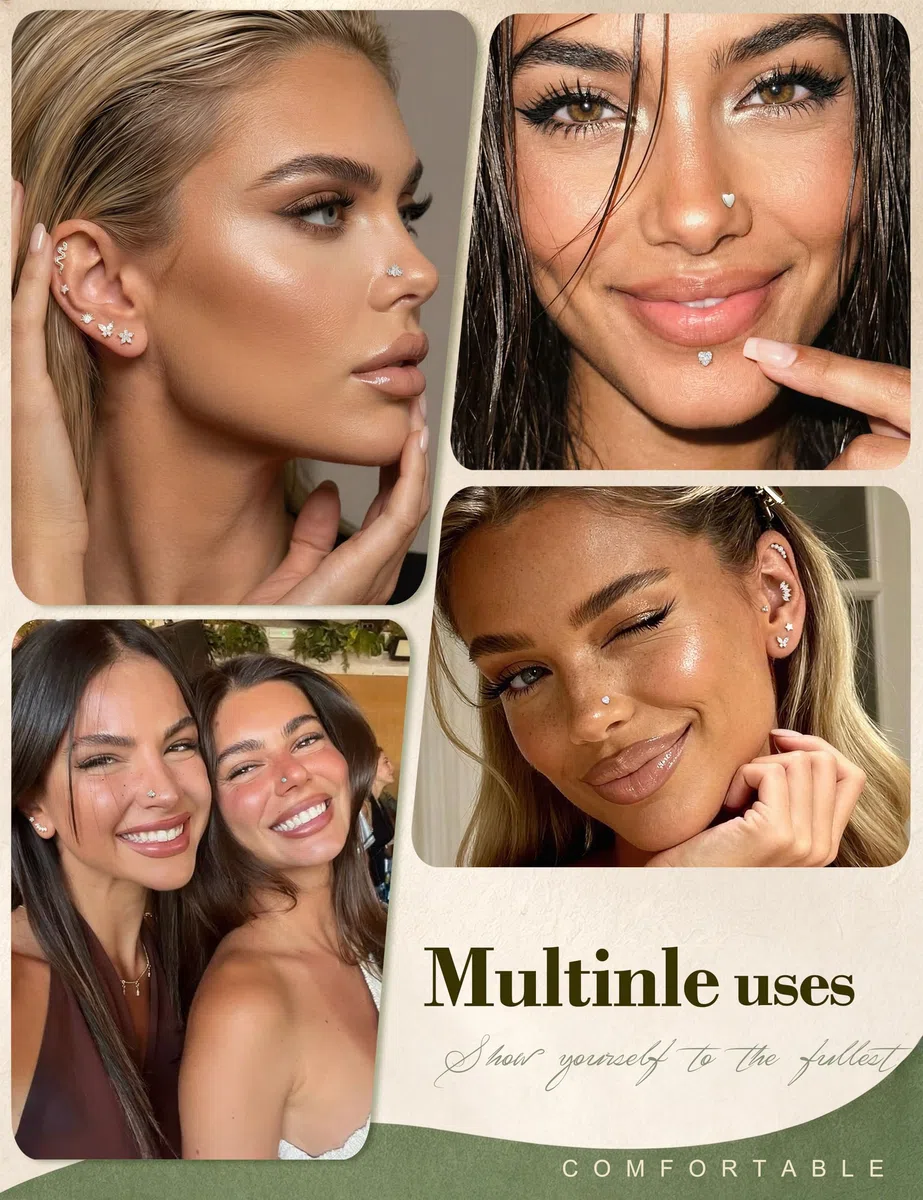 JeweBella 12 Piezas Piercing Labret Acero Quirurgico Para Mujer Piercing Oreja Plata/Oro Estrella Corazón Serpiente Pendientes Cartílago Piercing Nariz Helix Tragus