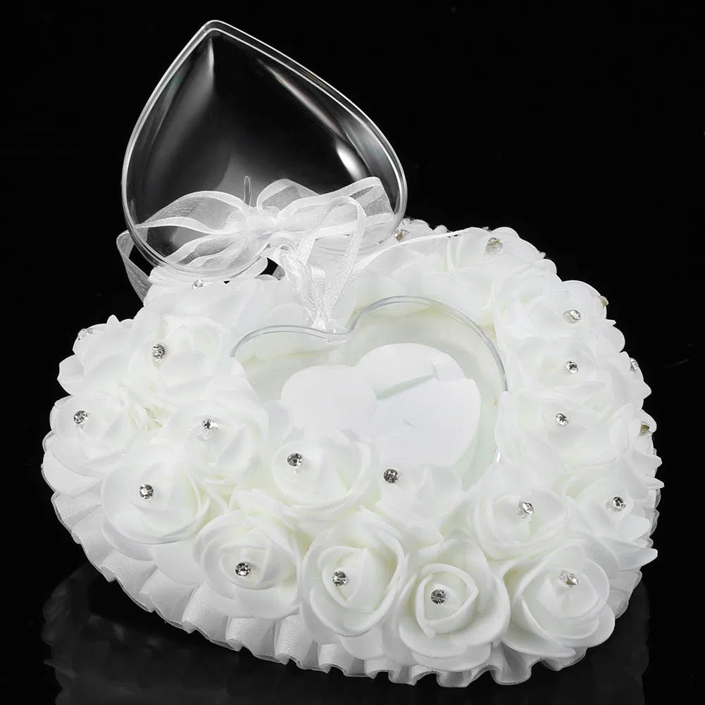 Almohada de Anillo de Boda, Caja de Anillo de Boda para Portador de Anillo en Forma de Corazón para Compromiso de Propuesta, Caja de Anillo de Corazón de Boda de Rosa de Cristal de Encaje(Blanco)