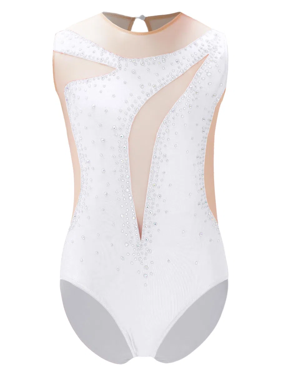 Maillot de Gimnasia Rítmica Niña Competición Leotardo Ballet de sin Mangas Body de Gimnasia Empalme de Malla con Pedrería Brillante Disfraz de Bailarina