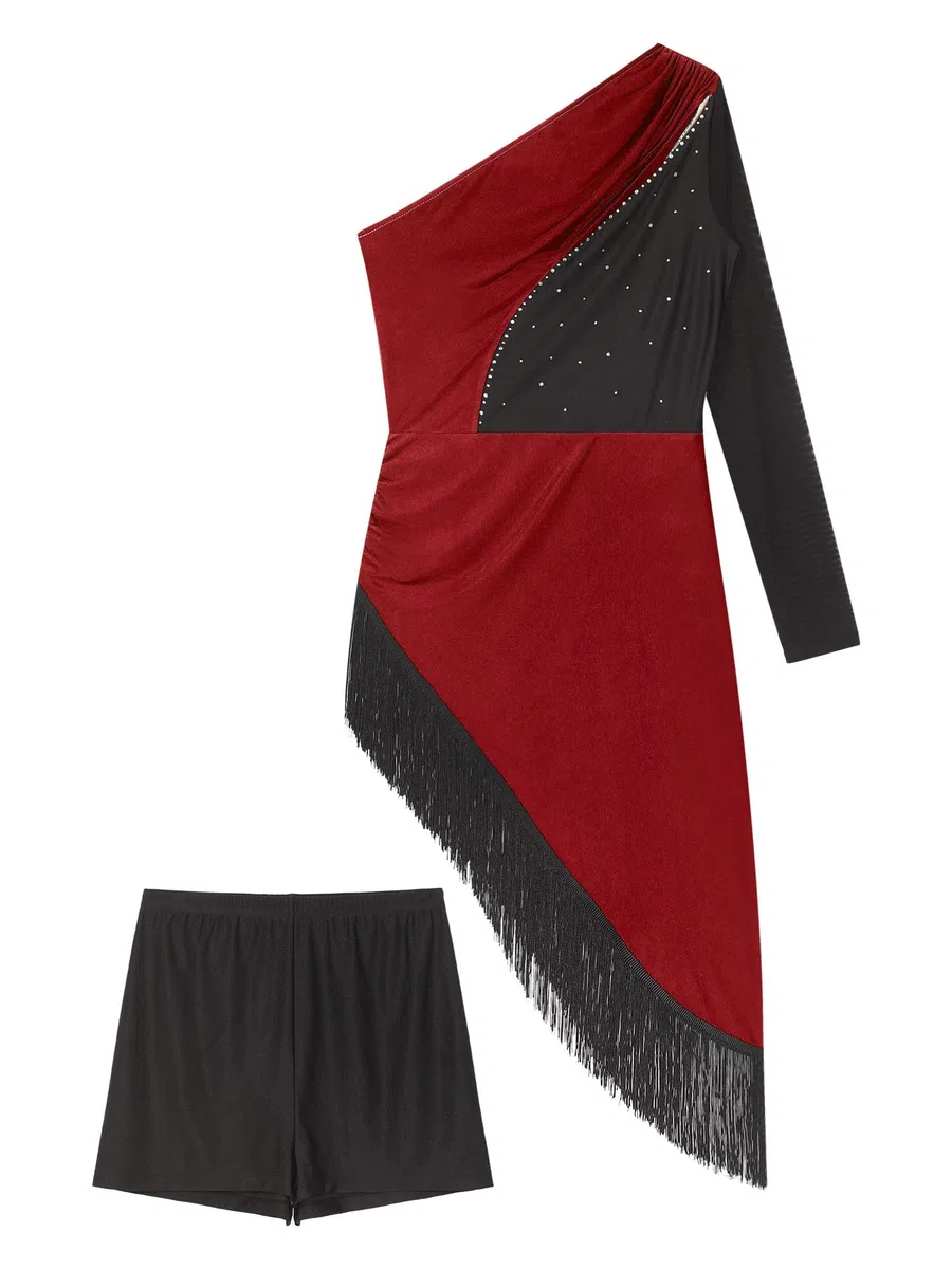 Alvivi Vestido de Patinaje Artístico para Mujer Vestido de Baile Latino Salsa con Leggings Cortos Elásticos Vestido Asimétrico de Manga Larga con Flecos S-XXL