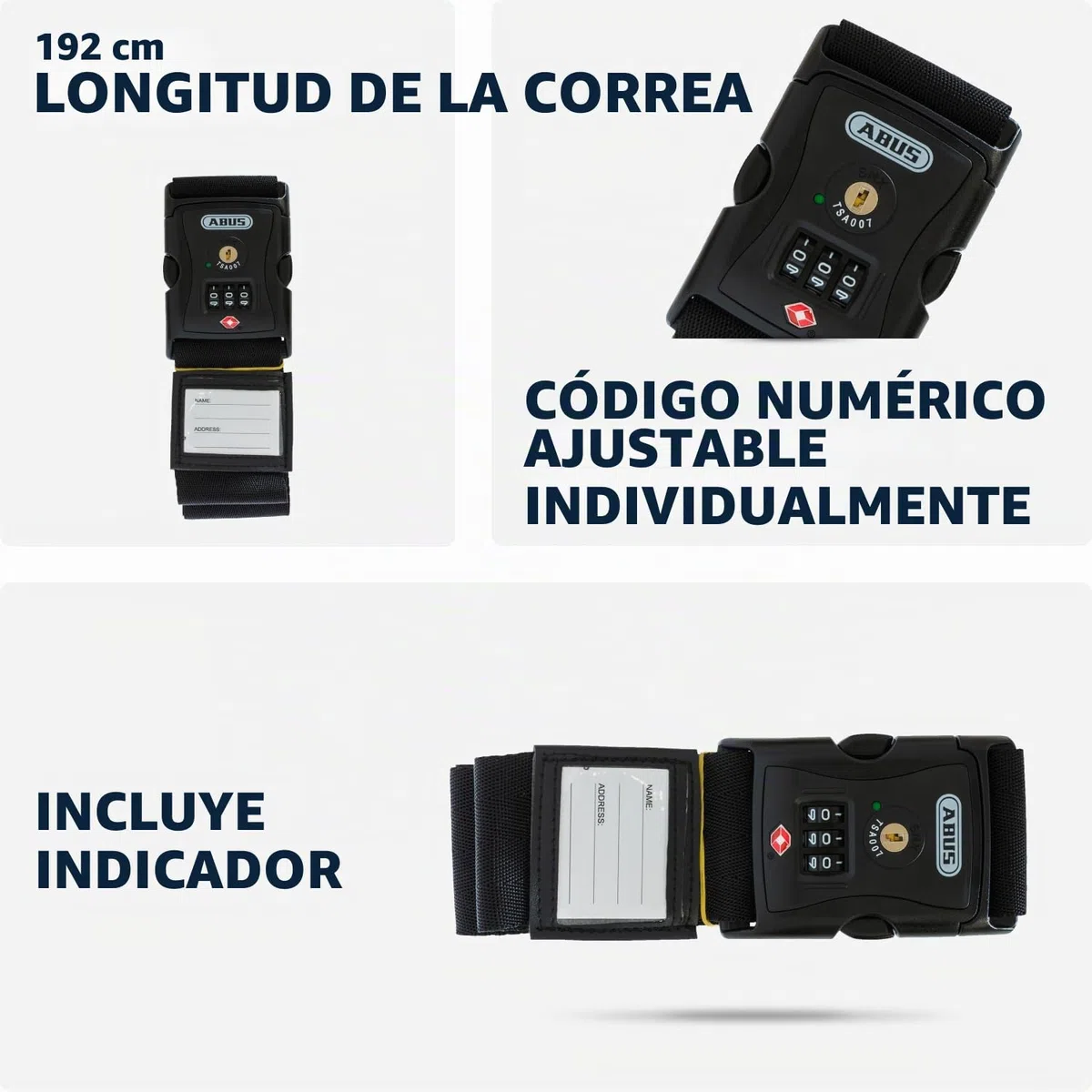 ABUS Correa para maletas 620TSA con cierre TSA - banda para equipaje con candado de combinación ajustable de 3 dígitos - con identificador - negro