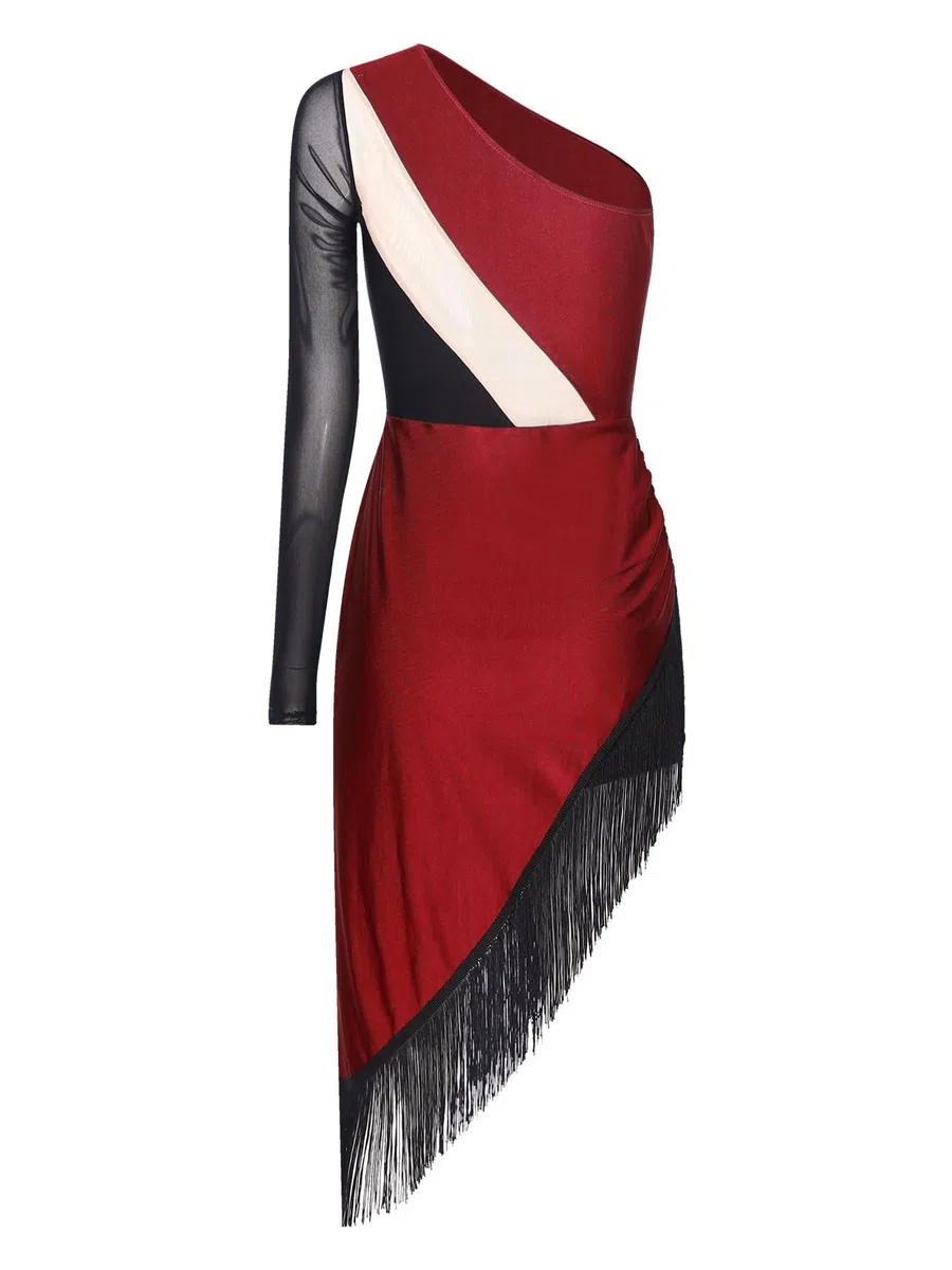 Alvivi Vestido de Patinaje Artístico para Mujer Vestido de Baile Latino Salsa con Leggings Cortos Elásticos Vestido Asimétrico de Manga Larga con Flecos S-XXL