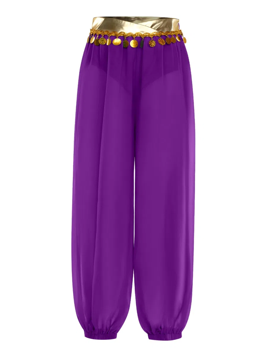Pantalones Danza del Vientre para Niñas Pantalones Harem de Gasa con Monedas Lentejuelas en Cintura Disfraz de Danza Árabe para Fiestas Temáticas 5-16 Años