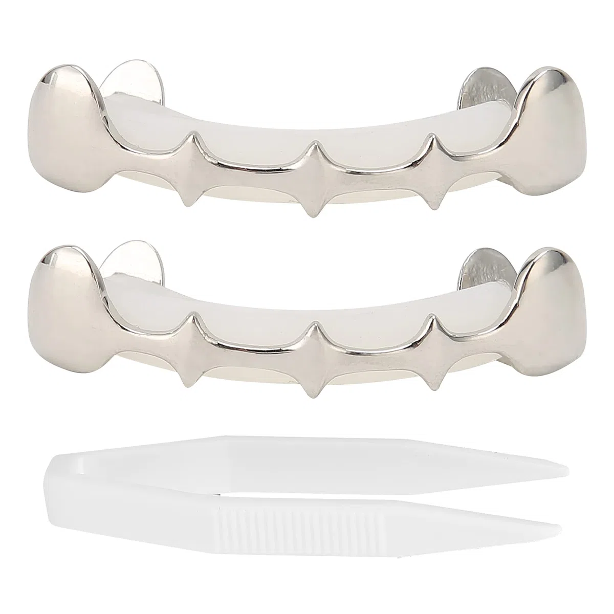 Parrillas de dientes chapadas en oro de 18 quilates Grillz, conjunto de dientes falsos de Hip Hop irregulares, accesorio de decoración de dientes de Hip Hop para festival de Halloween(Plata)