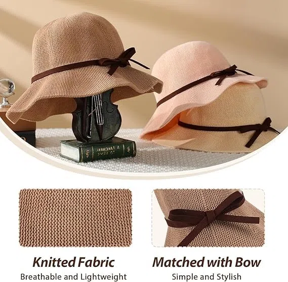 Sombrero Playa Mujer Verano UPF 50+ Gorro Sol de ala Ancha con Decoración de Lazo Playa Accesorios Plegable Gorra de Sol para Viajes Vacaciones (Caqui)