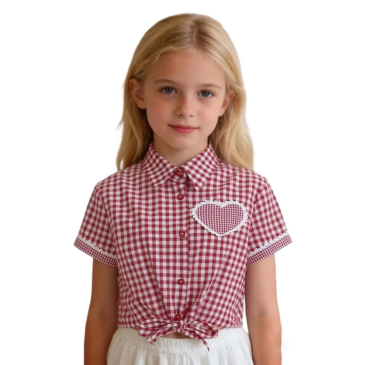 2026 Blusa Tradicional para Niña, Camisa de Manga Corta con Cuadros y Encaje, Diseño y Elegante, Ideal para Fiestas, Eventos Ocasiones Informales, Muy Cómoda de Llevar