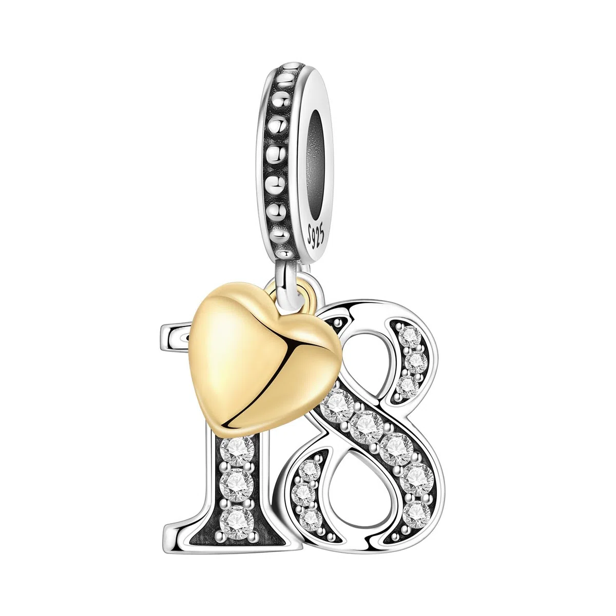 Abalorio para pulsera y collar, plata de ley 925 con circonita y corazón chapado en oro de 18 quilates, regalo para aniversario, cumpleaños, edad (10, 13, 15, 16, 18, 20, 21, 25, 30, 40, 50