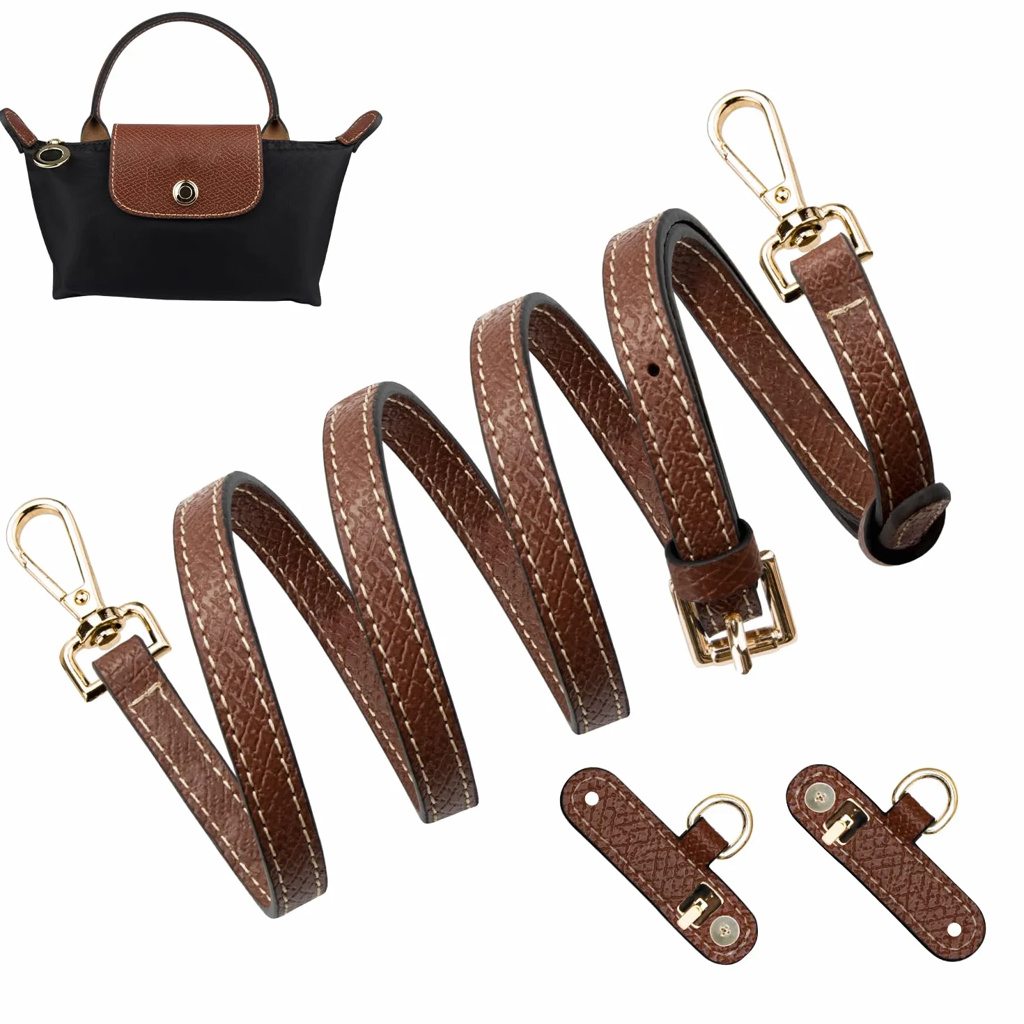 SOPROM Correa para Longchamp Mini Bolsos, Strap para Long Champ Le Pliage Bag(Ancho:Once milímetros,Marrón y dorado)