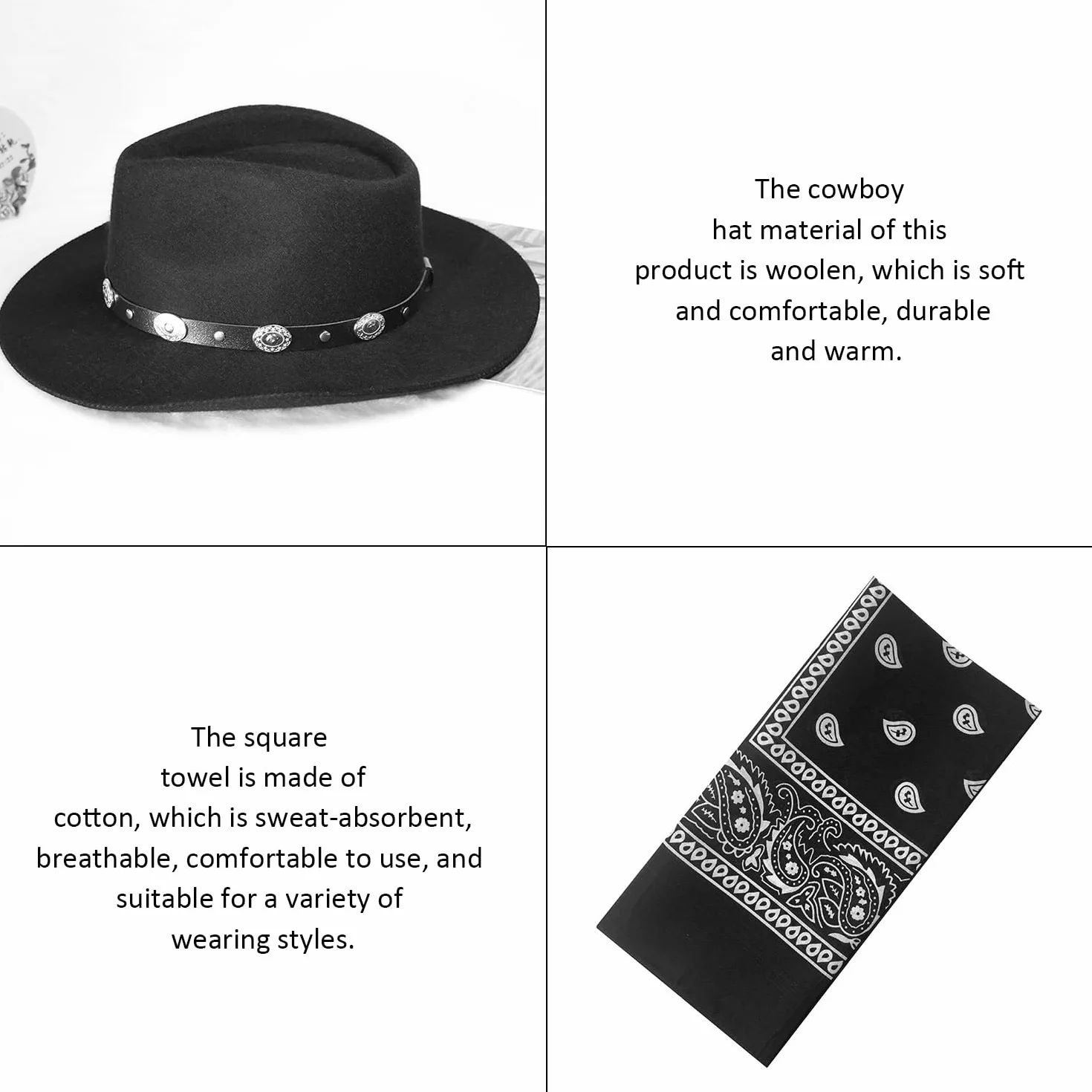 1 Sombrero De Fieltro De Vaquero De Ala Ancha Y 1 Bufanda Cuadrada Multifuncional, Sombreros Retro, Accesorios De Ropa, Sombreros Simples De Moda