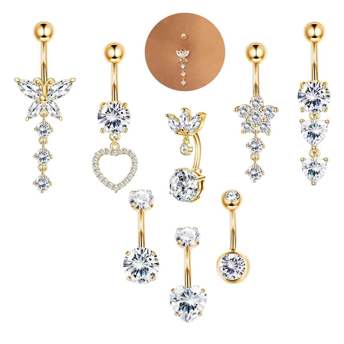 ORAZIO 8 Pcs Dorado Piercing Ombligo Acero Quirurgico 10MM Plata Belly Piercing Para Mujer Mariposa Corazón Circón Piercing Ombligo Rosa Azul Para Mujer