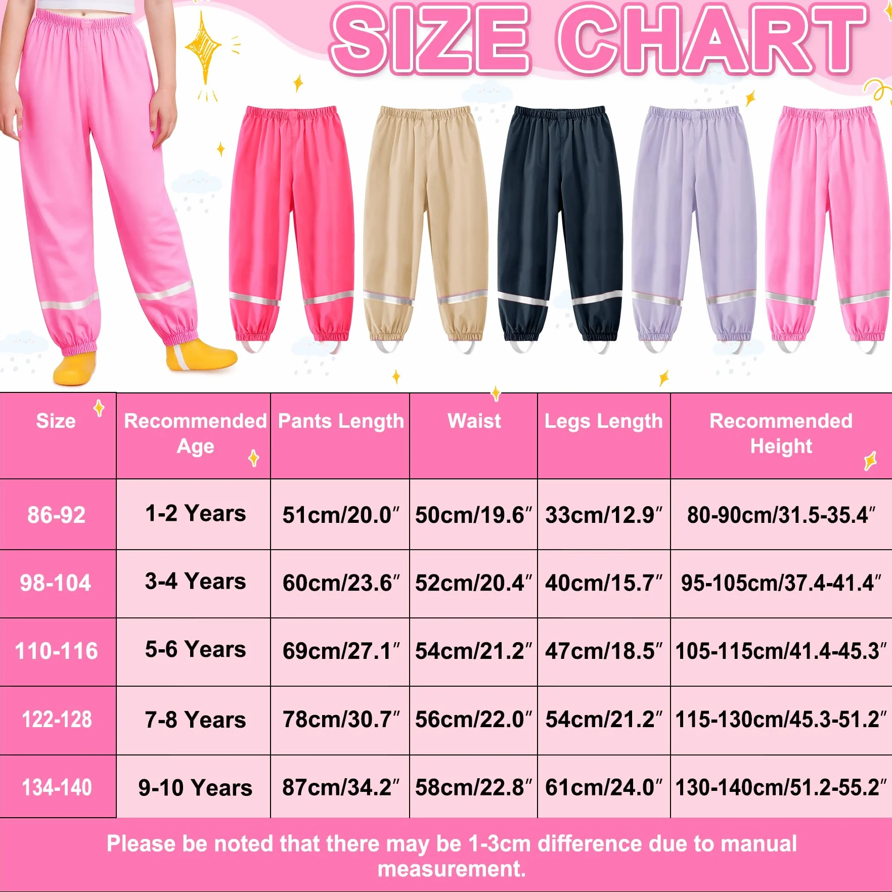 Pantalon Impermeable Niño Niña Peto de Lluvia Plegable Ligero Pantalón de Lluvia Transpirable Pantalón Barro Reflectante 1-10 años