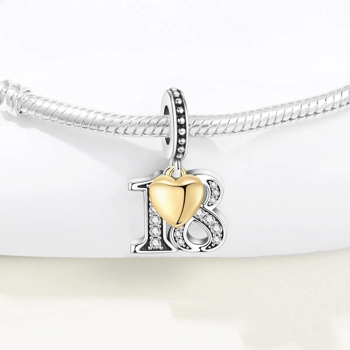 Abalorio para pulsera y collar, plata de ley 925 con circonita y corazón chapado en oro de 18 quilates, regalo para aniversario, cumpleaños, edad (10, 13, 15, 16, 18, 20, 21, 25, 30, 40, 50