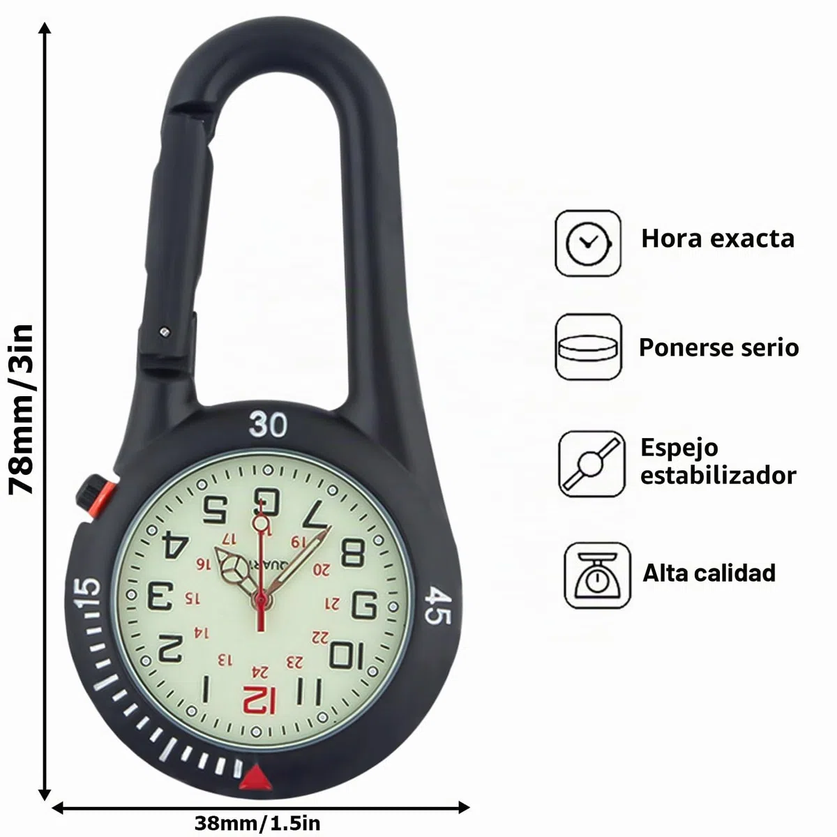 Nizirioo 1 reloj de enfermera: reloj de cuarzo multifuncional con mosquetón, pequeño reloj de cinturón luminoso para médicos, enfermeras, paramédicos, chefs, deportes, ciclistas, escaladores, unisex