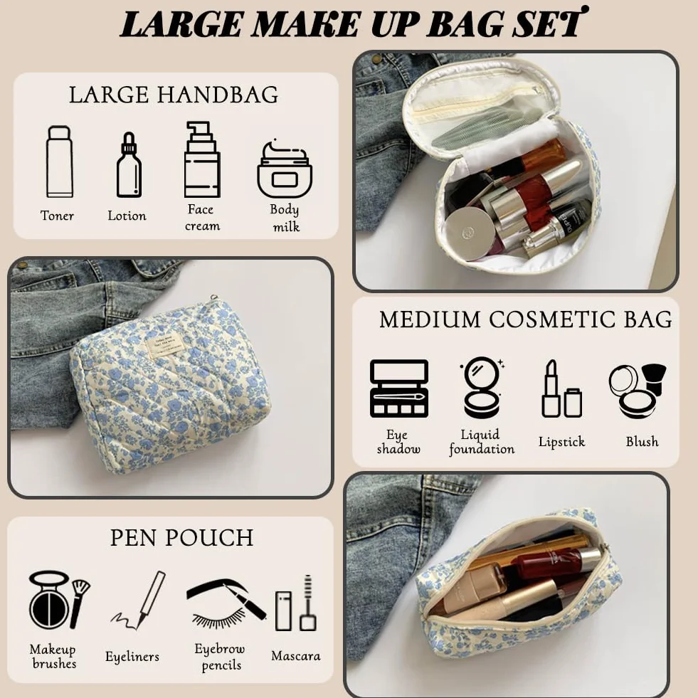Aucuu 3PC Bolsa De Maquillaje De Algodón Floral - Grande Bolsa Cosméticos Acolchada para Viaje y Almacenamiento