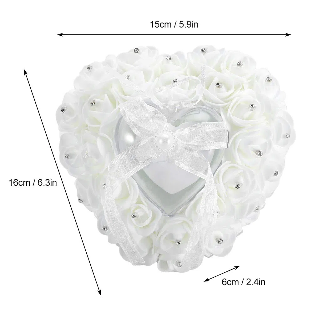 Almohada de Anillo de Boda, Caja de Anillo de Boda para Portador de Anillo en Forma de Corazón para Compromiso de Propuesta, Caja de Anillo de Corazón de Boda de Rosa de Cristal de Encaje(Blanco)