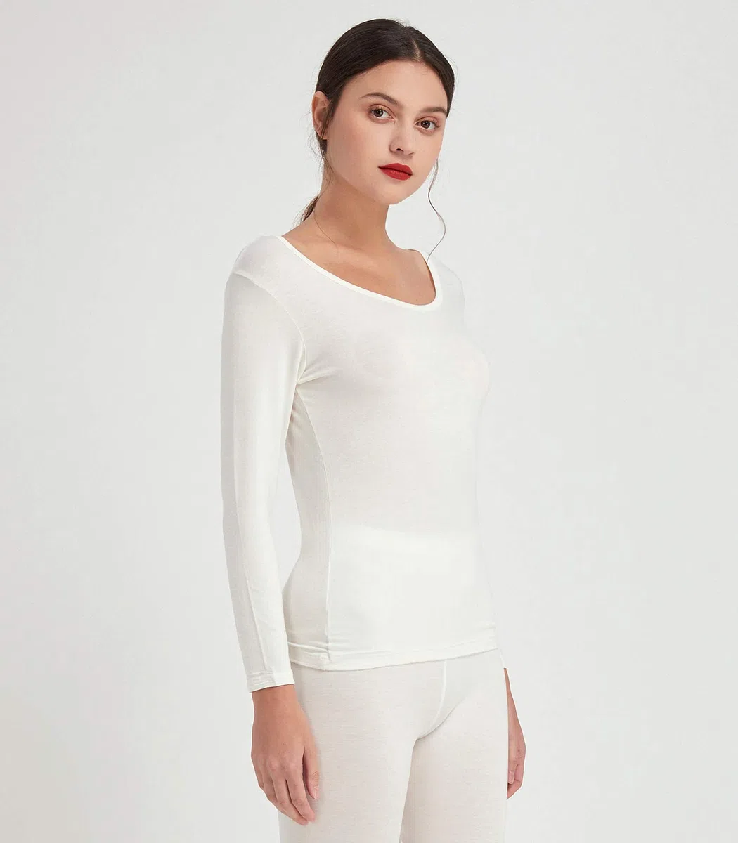 Mcilia Camiseta Interior para Mujer de Capa Térmica Modal de Manga Larga con Cuello Redondo Bajo