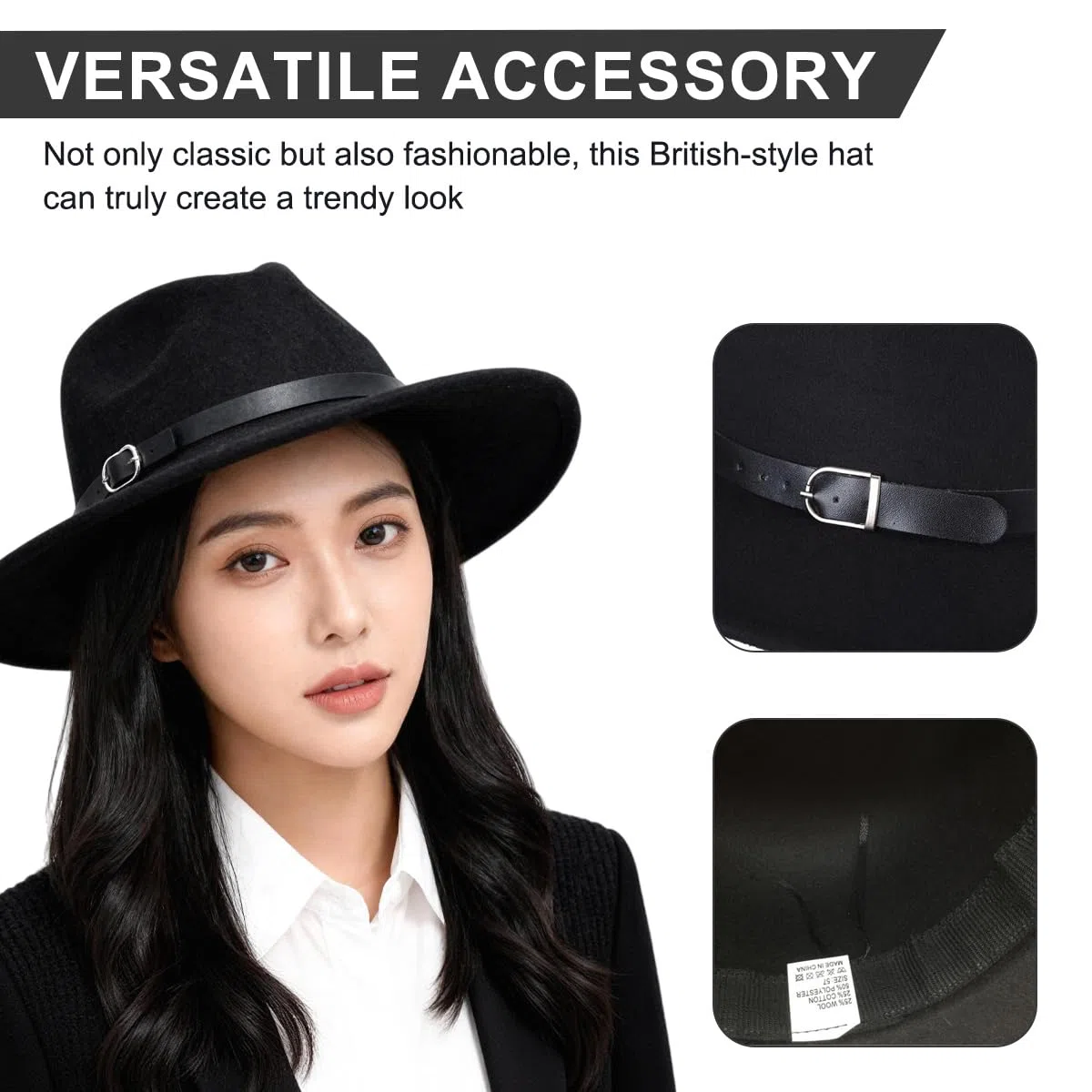 QUUPY Sombrero de mujer retro de ala ancha Floppy Panamá Fedora Casual Elegante Cálido Jazz Gorra de Invierno (Negro)