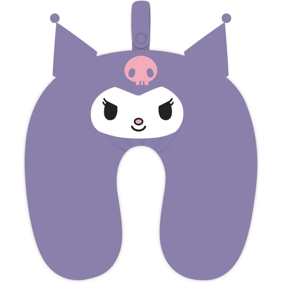 Cojín para Viaje Kuromi (Hello Kitty Series), Forma “U” en Morado con aplicación de Kuromi y Asas integradas para facilitar colgado en Coche o Mochila