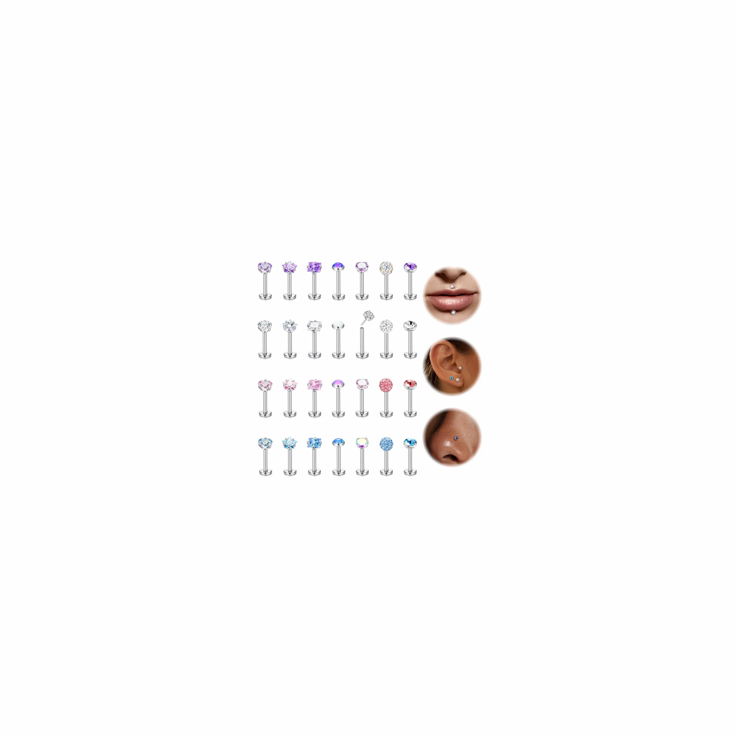 LOLIAS 28 Piezas Tragus Piercing Acero Inoxidable 16/20G 6/8mm Hombres Helix Piercing Labio Medusa Stud Pendientes Nariz Estrella Corazón CZ Ópalo Piercing Oreja Cartilago Joyas para Mujeres