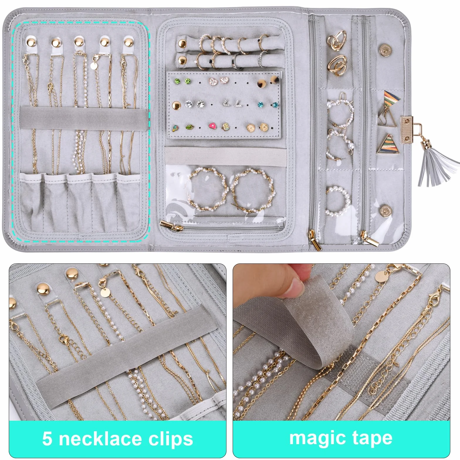 Catime Rollo de Organizador de Joyero Viaje, Bolsa de Almacenamiento Joyas de Cuero, Rollo de Joyería Plegable Portáti Gran Capacidad, Estuche para Joyas de Viaje Collares Pulseras Pendientes Anillos