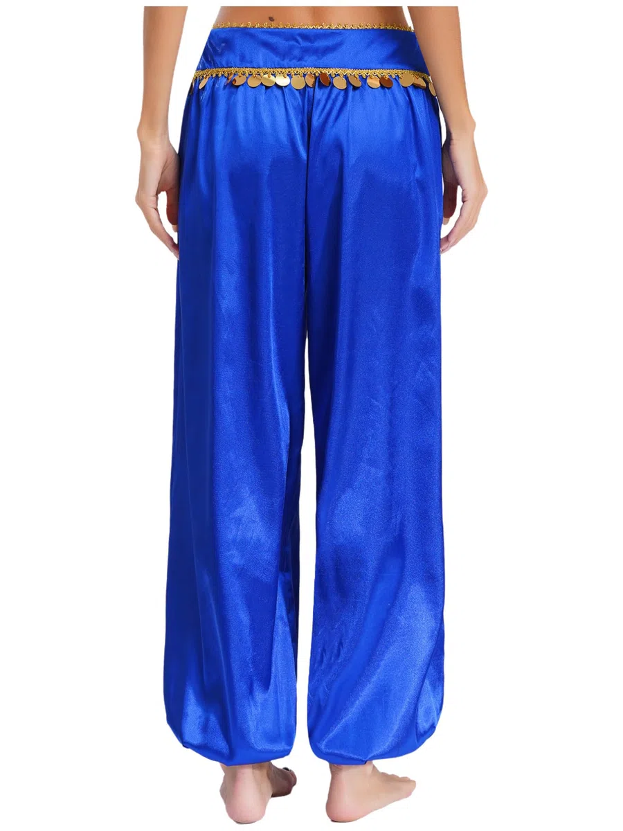 MSemis Pantalones Largos de Bombachos para Danza del Vientre Disfraz Mujer Pantalones Satén Detalles con Monedas Brillantes en Cinturón para Fiesta Actuación S-XXL
