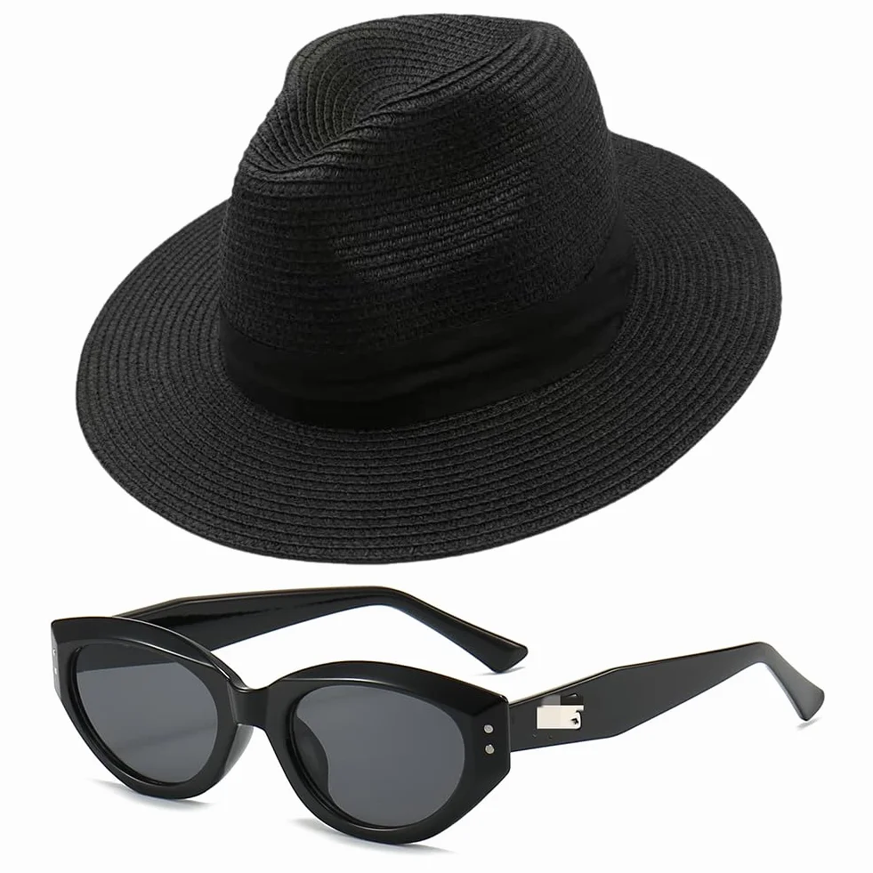 Set Sombrero Panama de Paja de ala Ancha y Gafas de Sol para Mujer, Sombrero de Playa Plegable, Gafas de Sol UV400 Retro para Viaje, Verano y Exterior, Negro