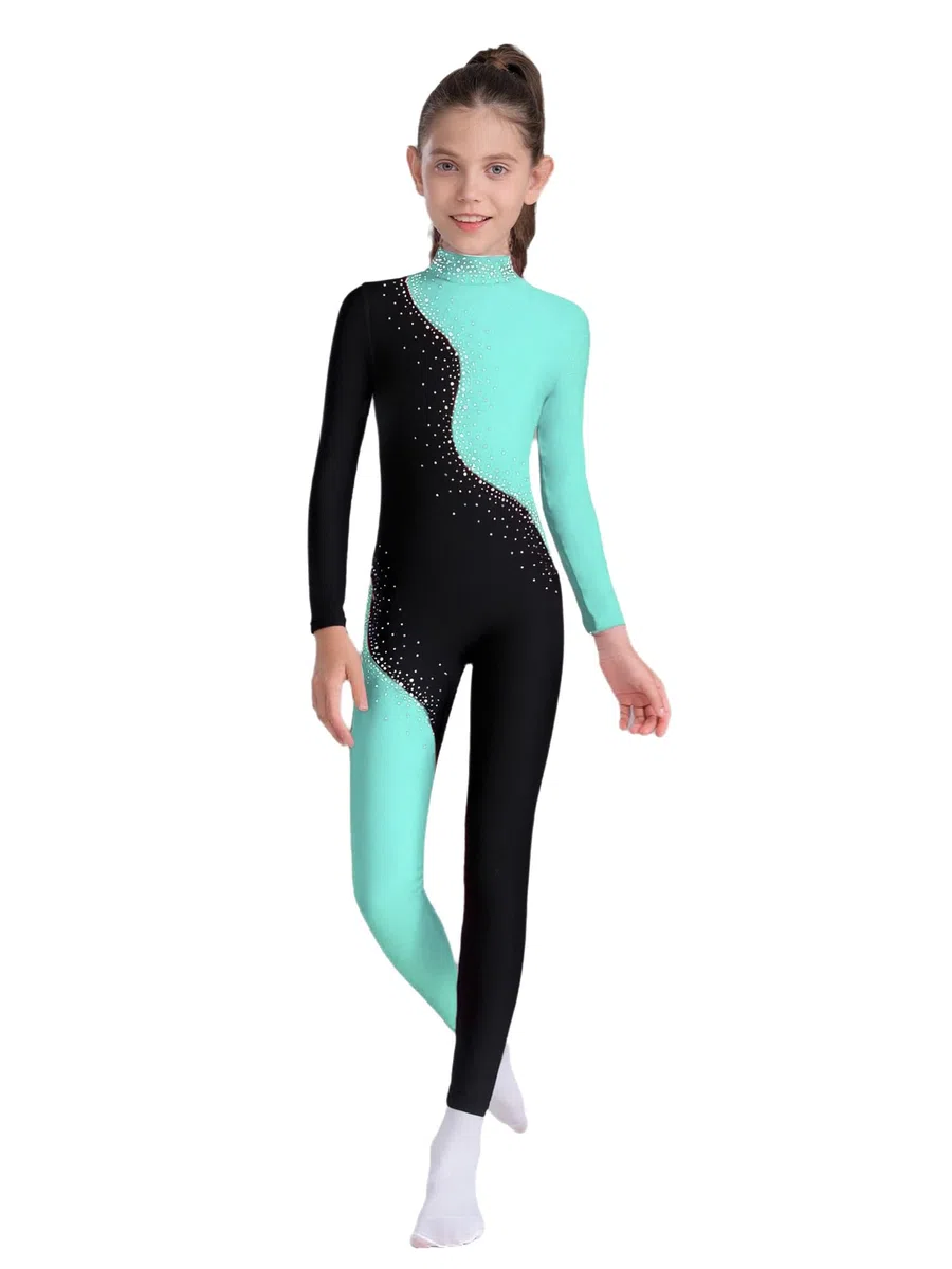 Alvivi Mono Largo de Gimnasia Rítmica para Niñas con Brillantes Maillot de Baile Mono Patinaje Artístico de Competición Ropa de Deportiva 5-16 Años