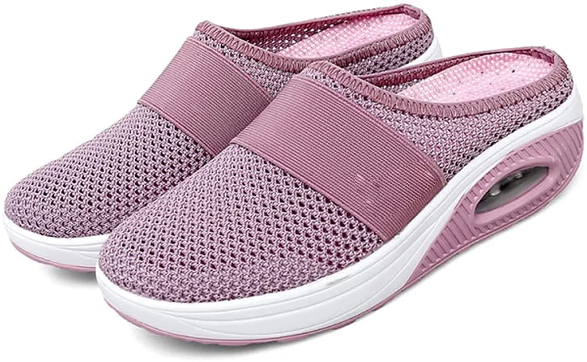 Zapatos de senderismo ortopédicos con cojín de aire para mujer, zapatos ortopédicos para caminar con diabéticos, zapatillas para mujer, transpirables, con soporte de arco de punto (rosa, UK 5.5)