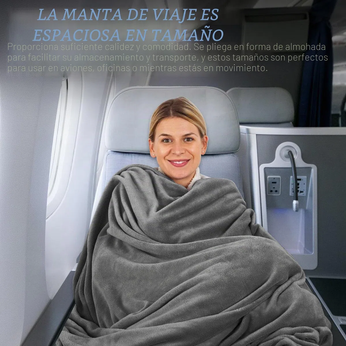 Manta de Viaje 2 en 1 para Avión - Cojín Transformable, Portátil, Ultraligera y Cálida - Con Fijación para Maleta - Ideal para Oficina y Negocios - Gris, 152 x 127 cm