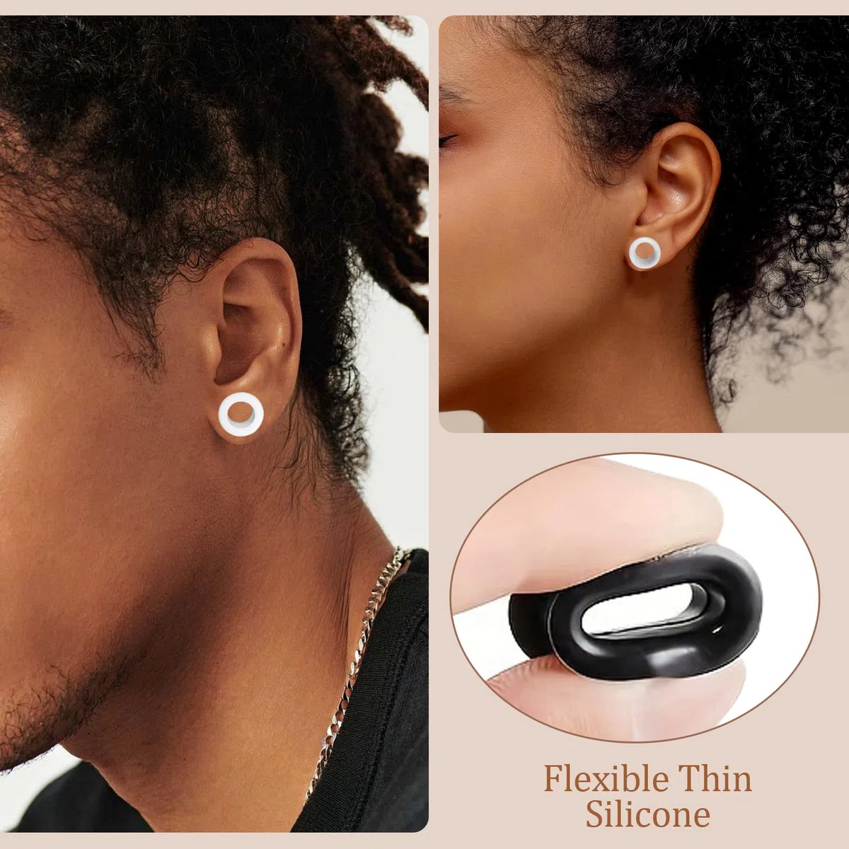 8 pares de dilatadores de silicona para los oídos, 3-25 mm, flexibles, de doble acampanado, para hombre y mujer - Negro y blanco