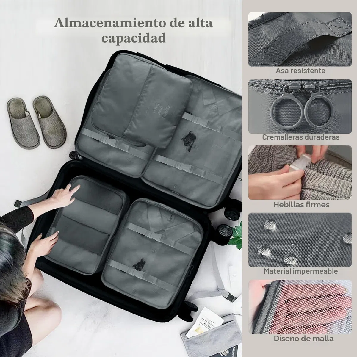 GIBOHOM Organizador Maleta, 15 Piezas Bolsas Organizadoras Maleta, Impermeables Packing Cubes Resistentes al Desgarro, Organizador de Maletas para Guardar Ropa Mientras Viaje y en Casa, Gris